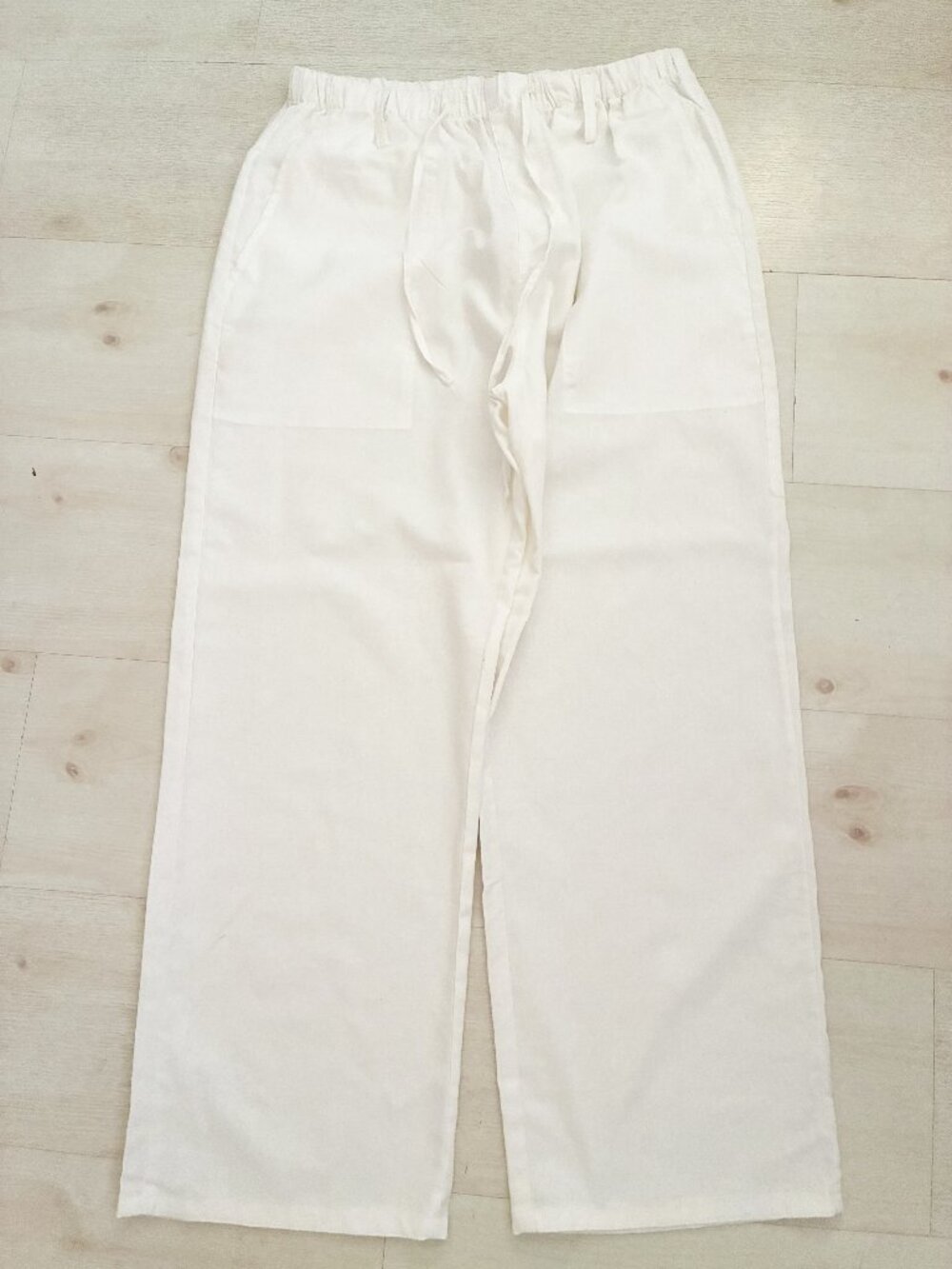 White Linen Cotton Women's Wide Leg Elastic Drawstring Pants High Rise Size L